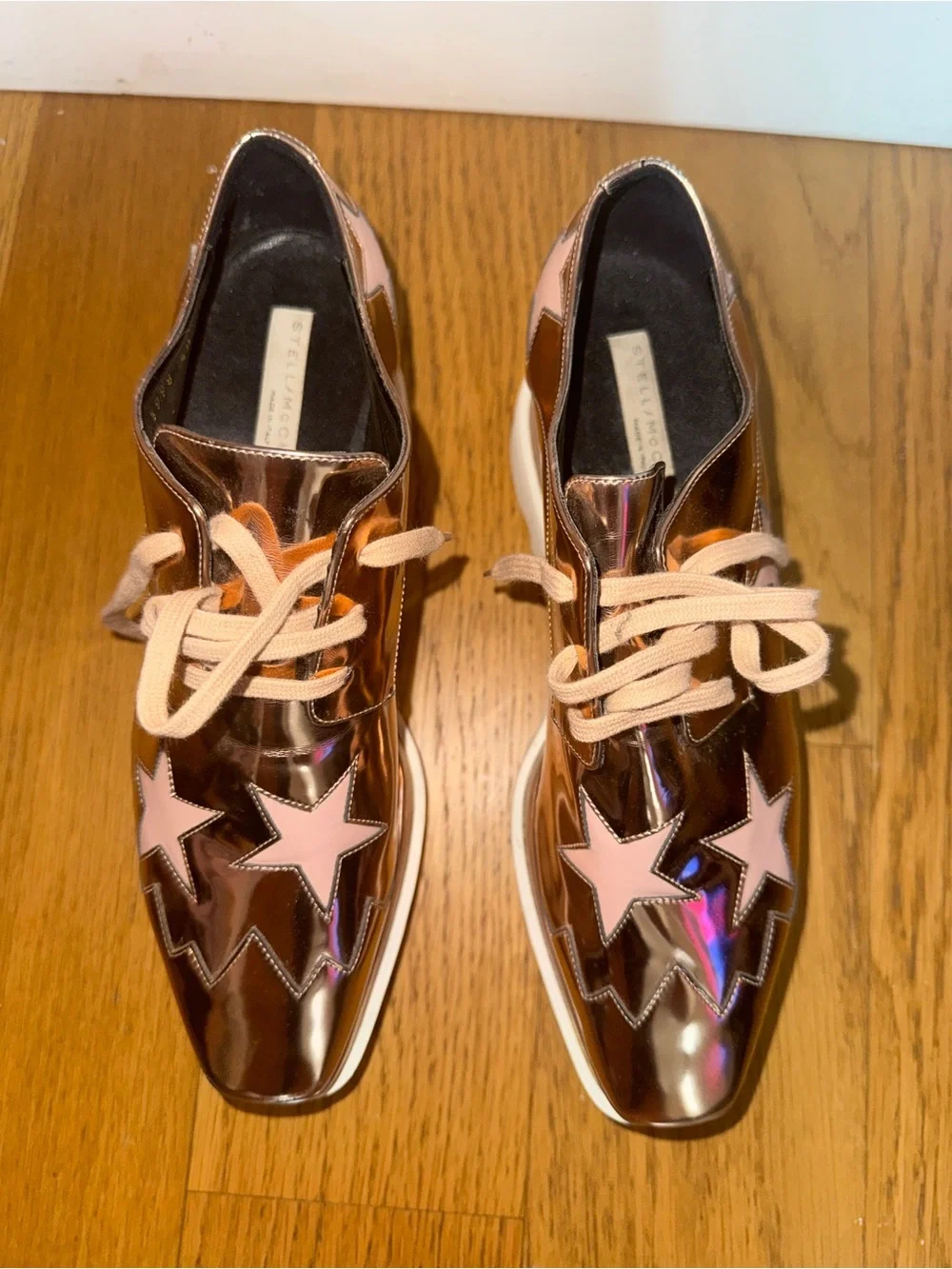 Stella McCartney Metallic Rose Gold Platform Lace-Up Sneakers with Pink Stars
